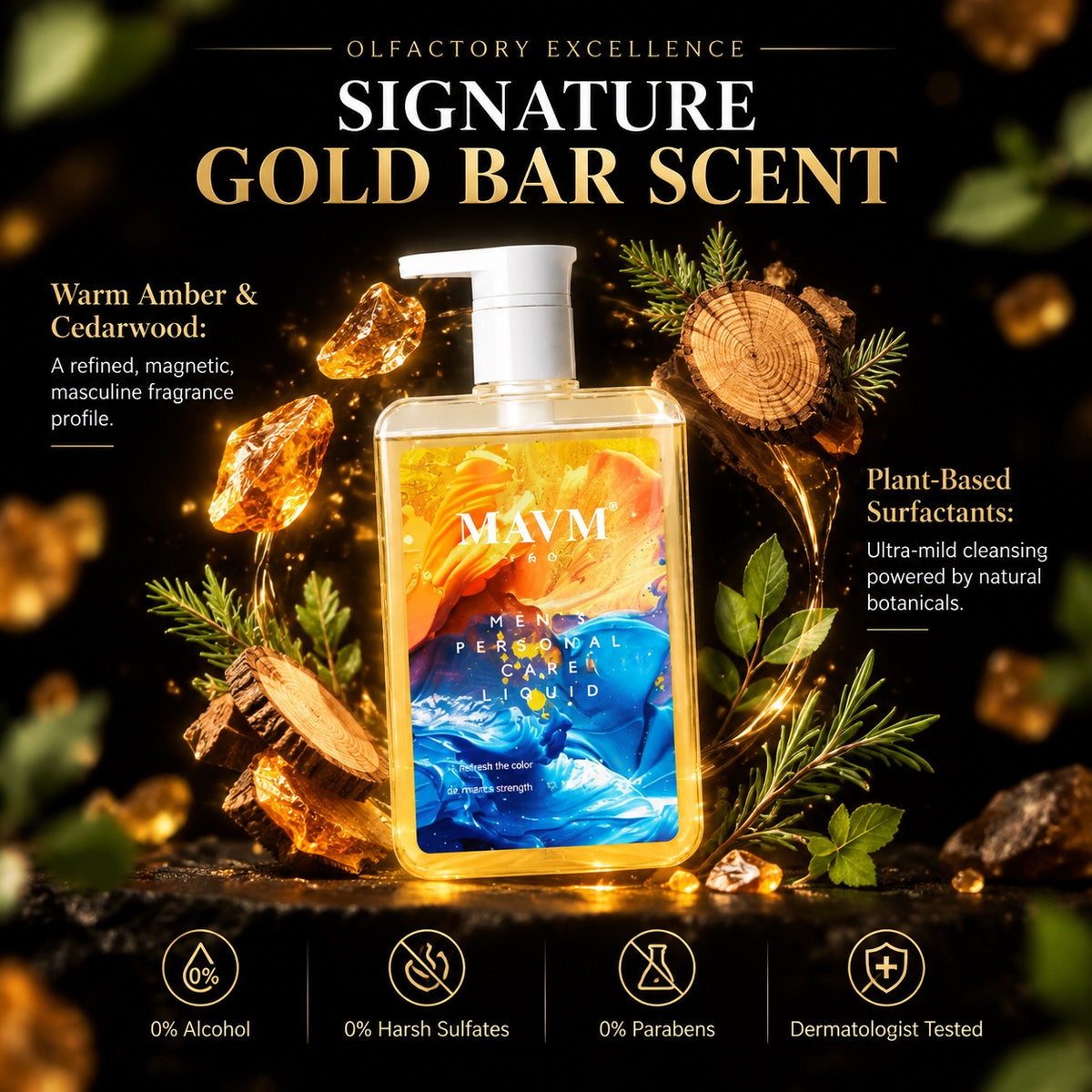 MAVM Men's Intimate Cleansing Gel, Plant Derived pH Balanced Formula, Gold Bar Scent for Daily Care